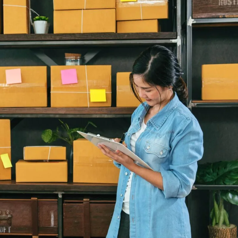 Woman reviewing archive boxes in storage